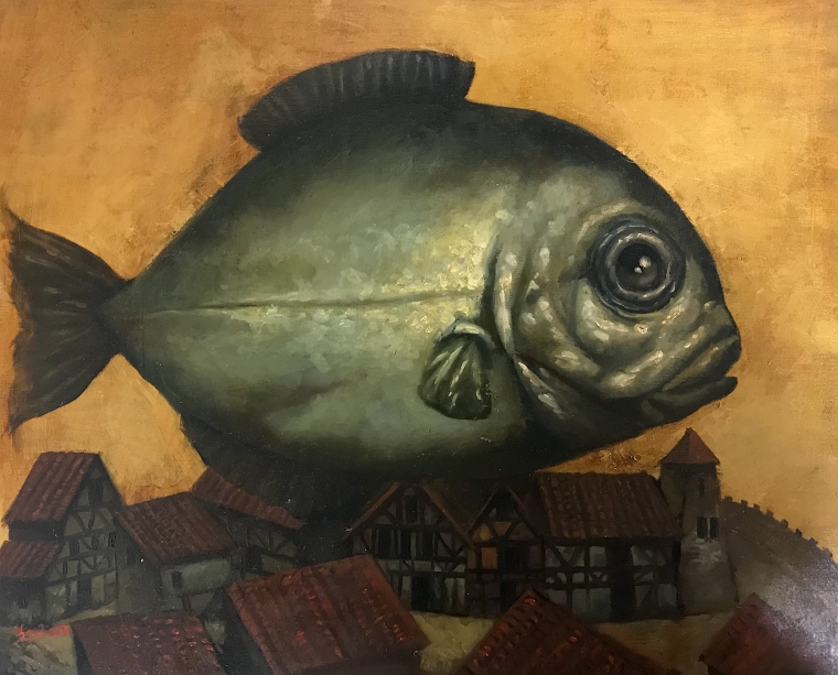 Fish, Surrealism, Original oil painting, Handmade artwork, One of a kind 